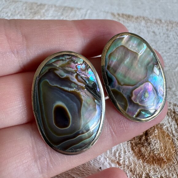 Vintage Abalone Clip On Earrings Alpaca Mexico - Picture 10 of 12